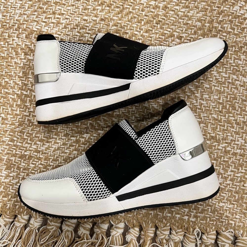 Michael Kors White and Black Slip-On Sneakers with Elastic Strap